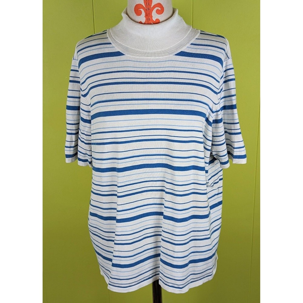 VTG 90s Y2k Pendleton Womens 2X Blue White Stripe Silk/Nylon Top Short Sleeve